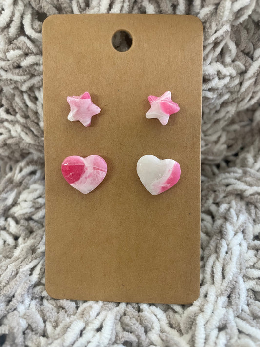 Pink & White Stars and Heart Studs Set