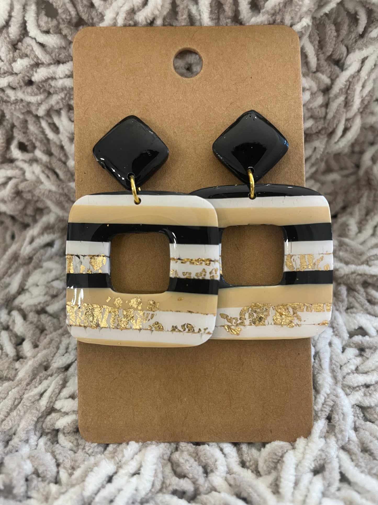 Neutral Striped Square Dangle with Gold